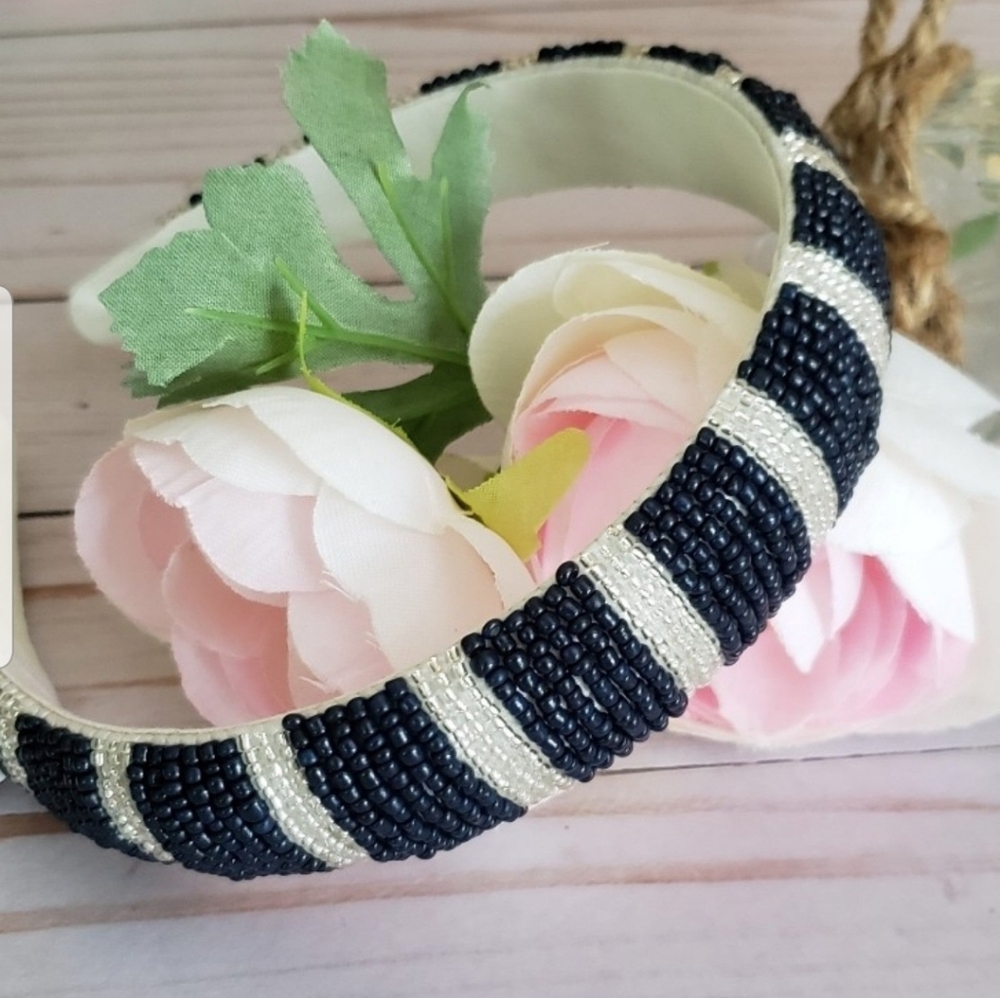 NWT J. Crew Beaded Puffy Blue and White Striped Headband